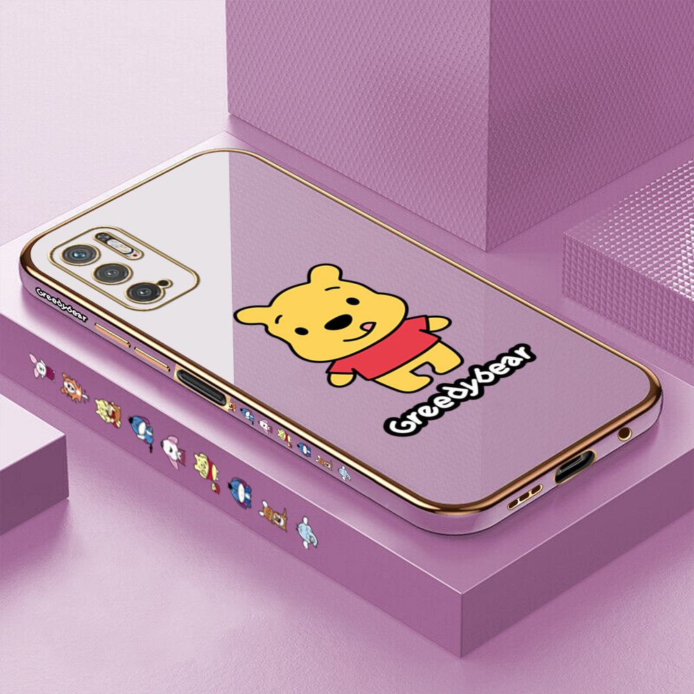 Luxury 6D Plating Case for Xiaomi Poco M3 Pro 5G Squirming Little Sweet Bear Side Pattern Back Cover Soft Silicone Square Frame Shiny Bling Phone Cases + Free Lanyard