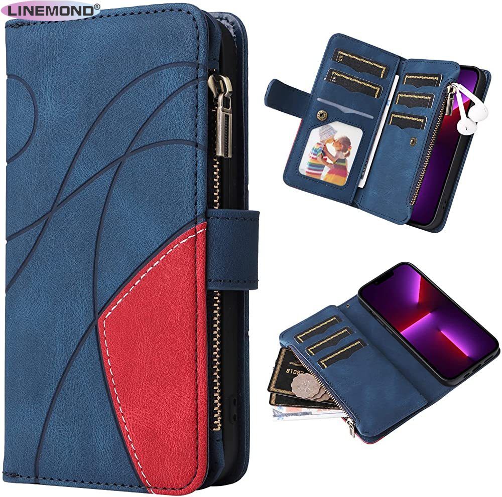 Wallet Case for Samsung Galaxy S21 Ultra 5G SM-G998, Splicing PU Leather Flip Wallet Zipper Purse Case 9 Card Slots with Wrist Strap, Red
