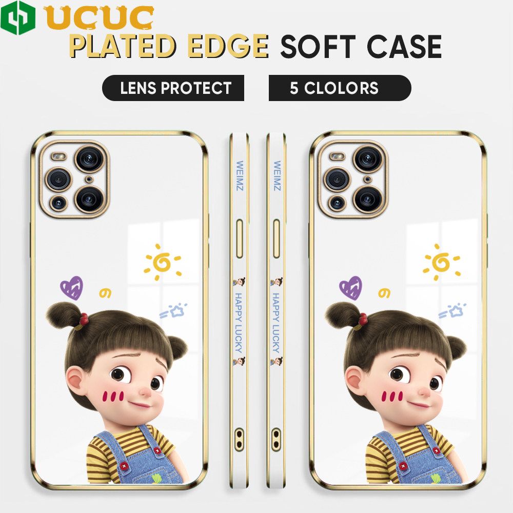 UCUC for OPPO Find X3 / Find X3 Pro Back Cover + Free Lanyard Lovely Girl Luxury 6D Plating Case Side Pattern Soft Silicone Square Phone Cases