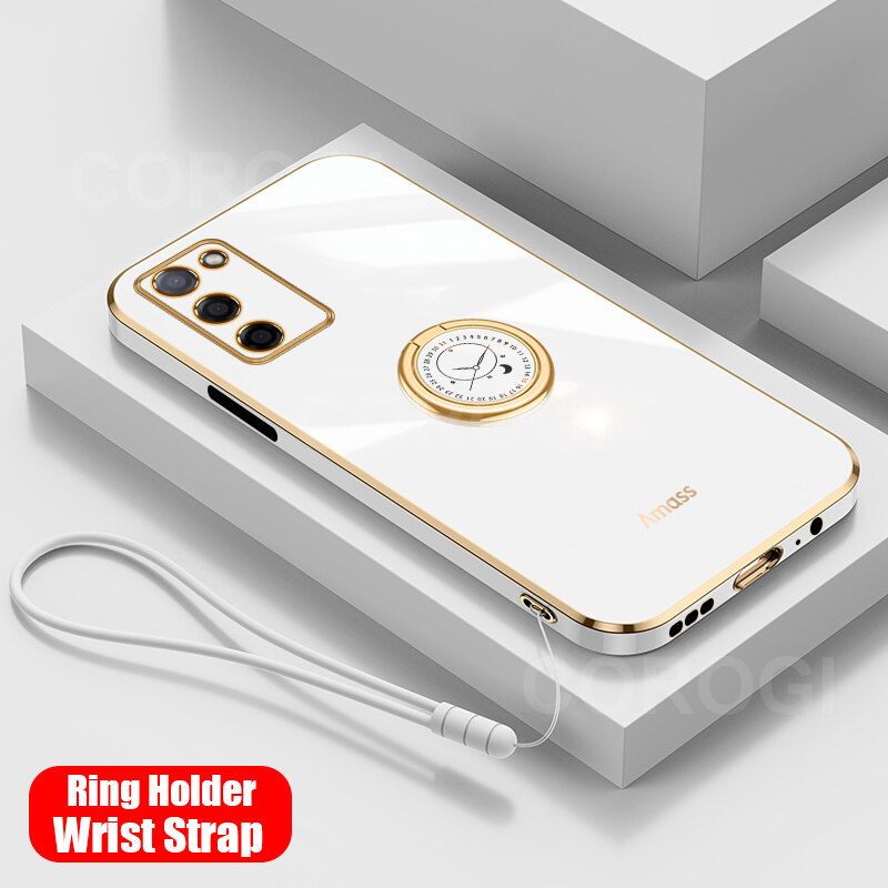 For Samsung Galaxy M02s Back Cover with Ring Holder Stand + Wrist Strap Shiny Plating Square Bumper Protective Case Soft Silicone Shockproof Mobile Phone Cases
