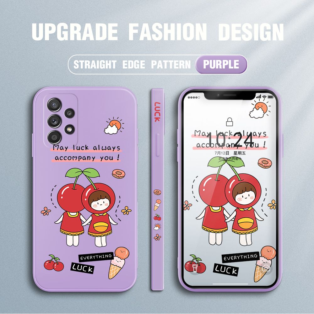 Jizetin for Samsung Galaxy A52 / A52 5G / A52S 5G Case Fashion Cherry Girl Design Side Design Phone Case Square Edge Pattern Liquid Silicone Cases Full Cover Camera Shockproof Protective Case