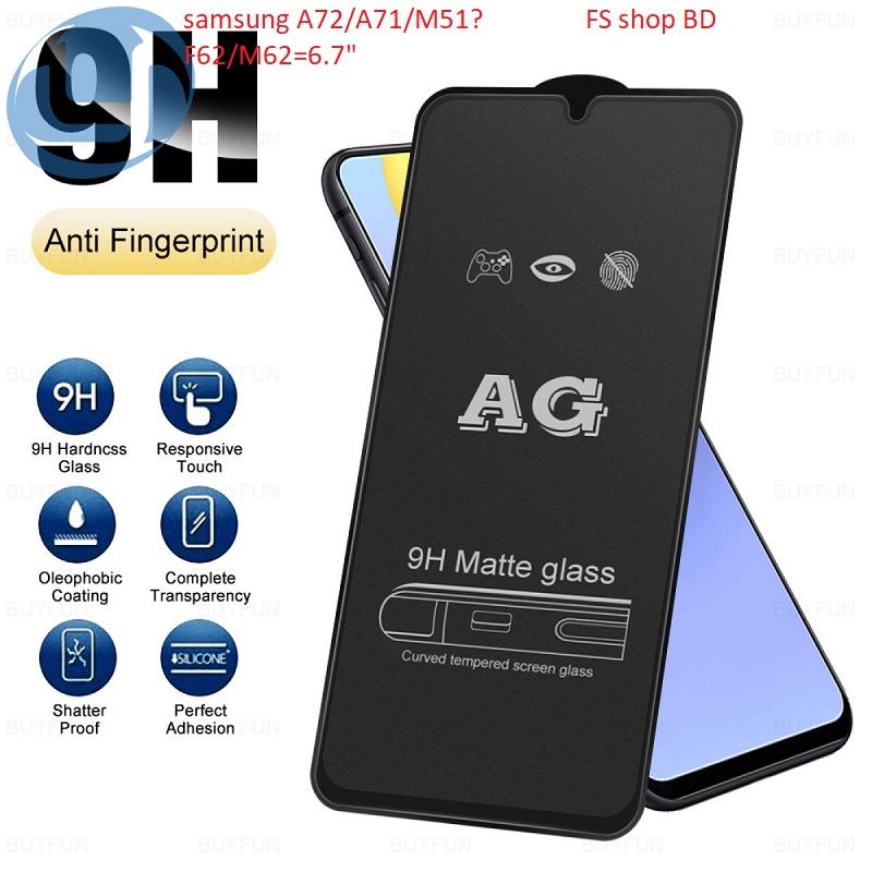 Samsung Galaxy F62/M62/ M51/A71/A72=6.7" Front AG Full Glue AG Matte Tempered Glass Screen Protector