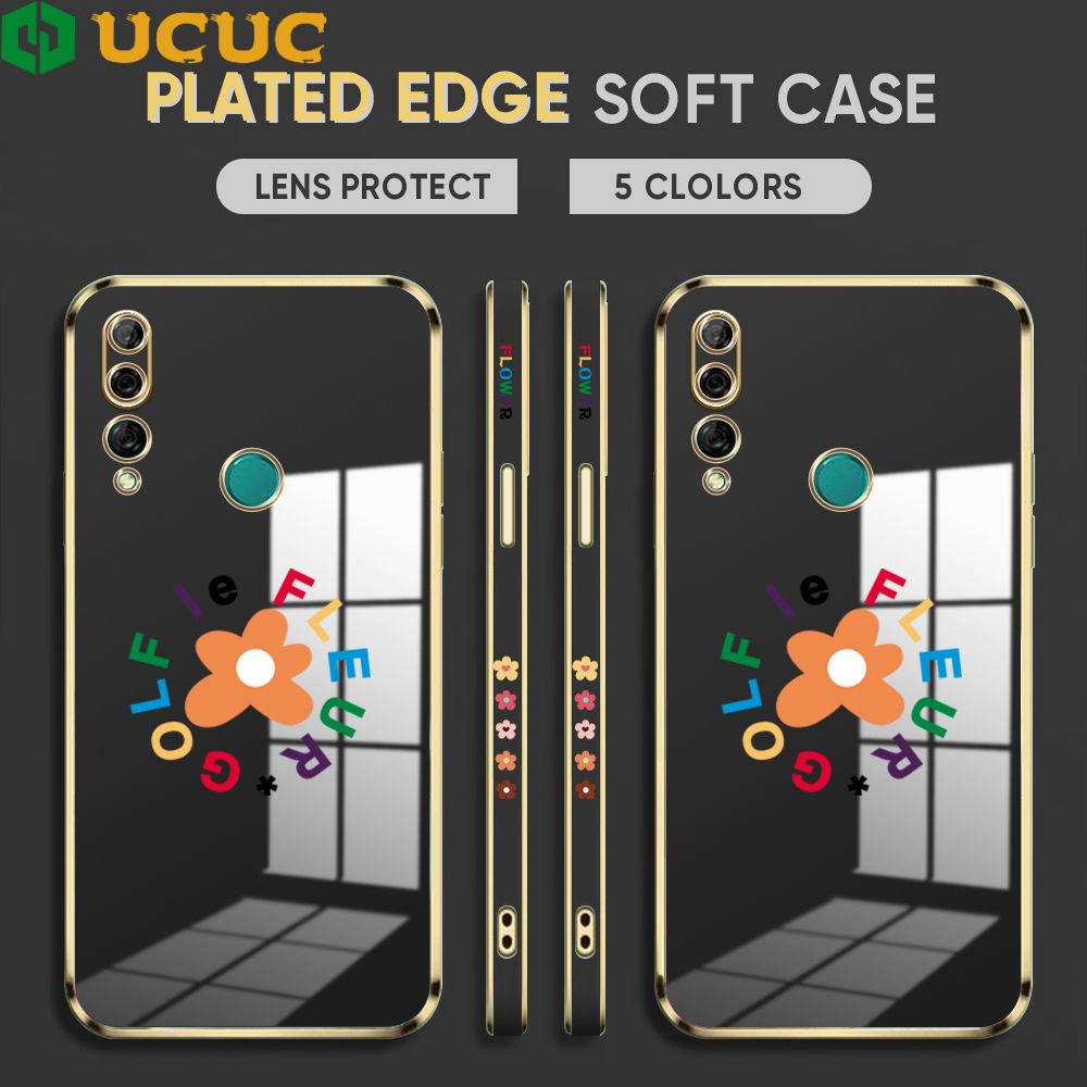 UCUC for Honor Y9 Prime 2019 Back Cover + Free Lanyard Colorful Flower Luxury 6D Plating Case Side Pattern Soft Silicone Square Phone Cases