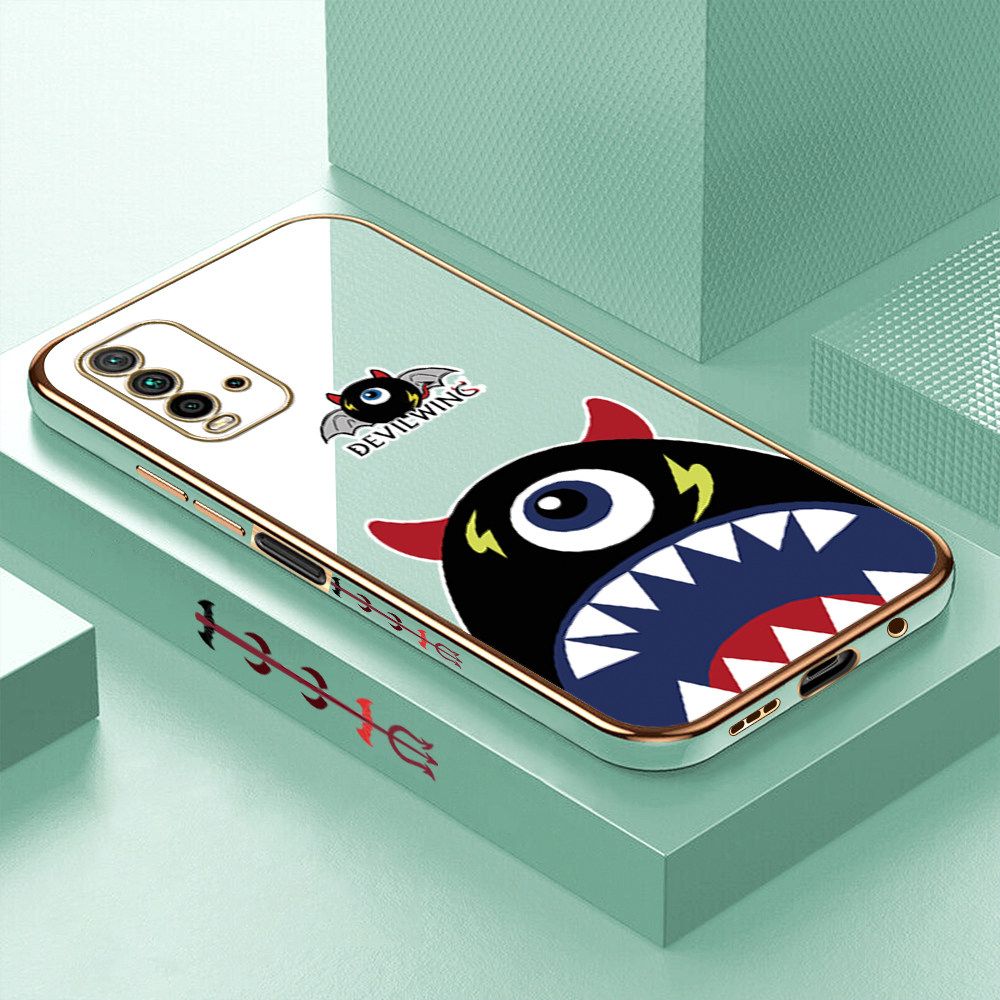 Luxury 6D Plating Case for Redmi 9T Cartoon One-eyed Devil Wing Side Pattern Back Cover Soft Silicone Square Frame Shiny Bling Phone Cases + Free Lanyard