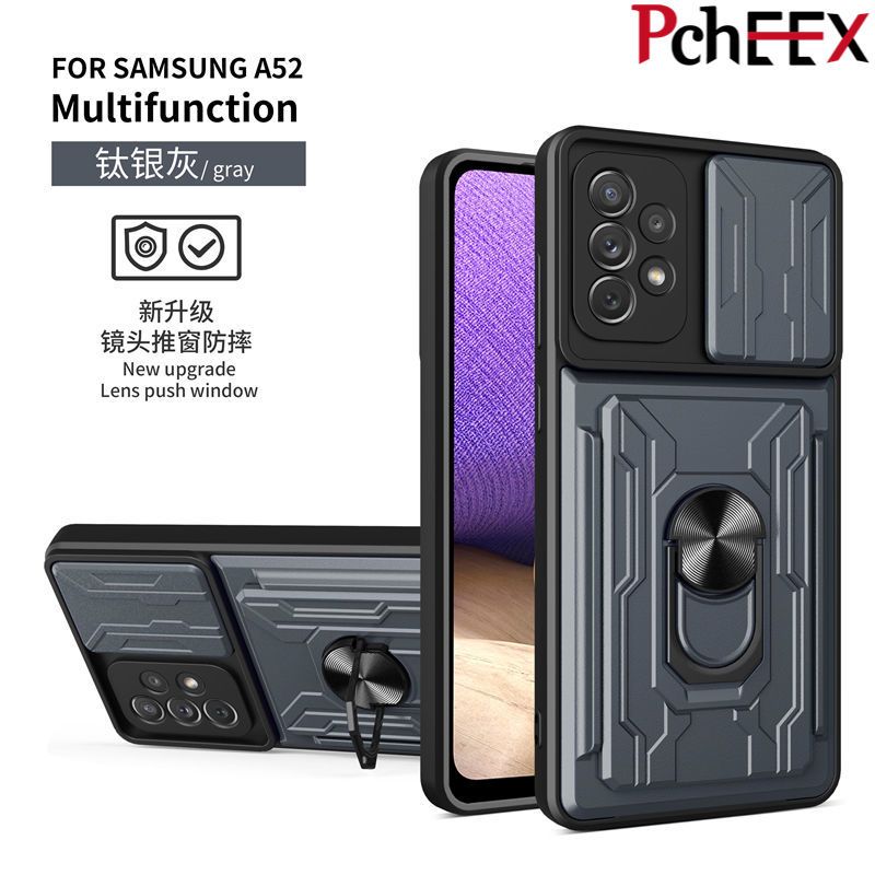 For Samsung Galaxy A52 Phone Case, Hard Armor Camera Protection Cover Ring Stand Card MultifunctionalCasing