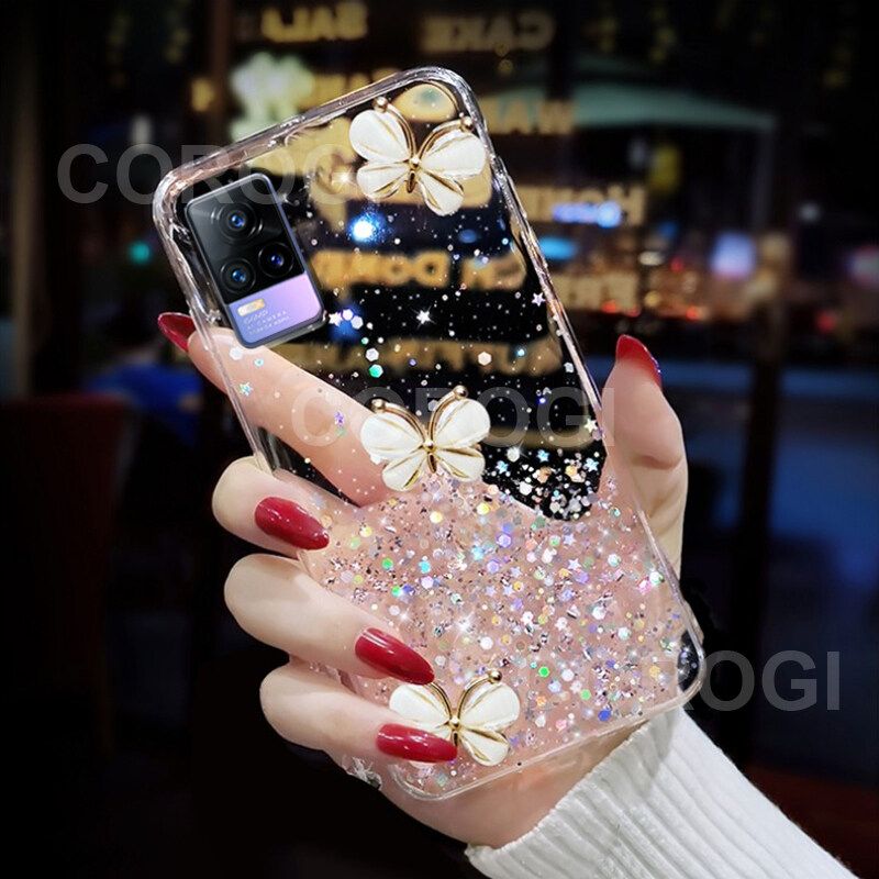 For Vivo V21e Cover Fashion 3D Diamond Butterfly Shiny Glitter Starry Space Phone Case Clear Soft TPU Silicone Shockproof Protective Back Cover