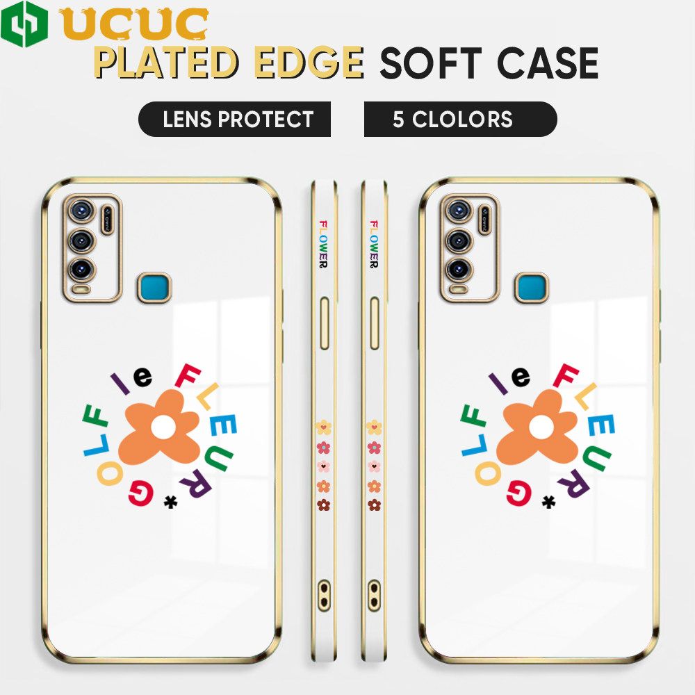 UCUC for Vivo Y30 / Y30I / Y50 Back Cover + Free Lanyard Colorful Flower Luxury 6D Plating Case Side Pattern Soft Silicone Square Phone Cases