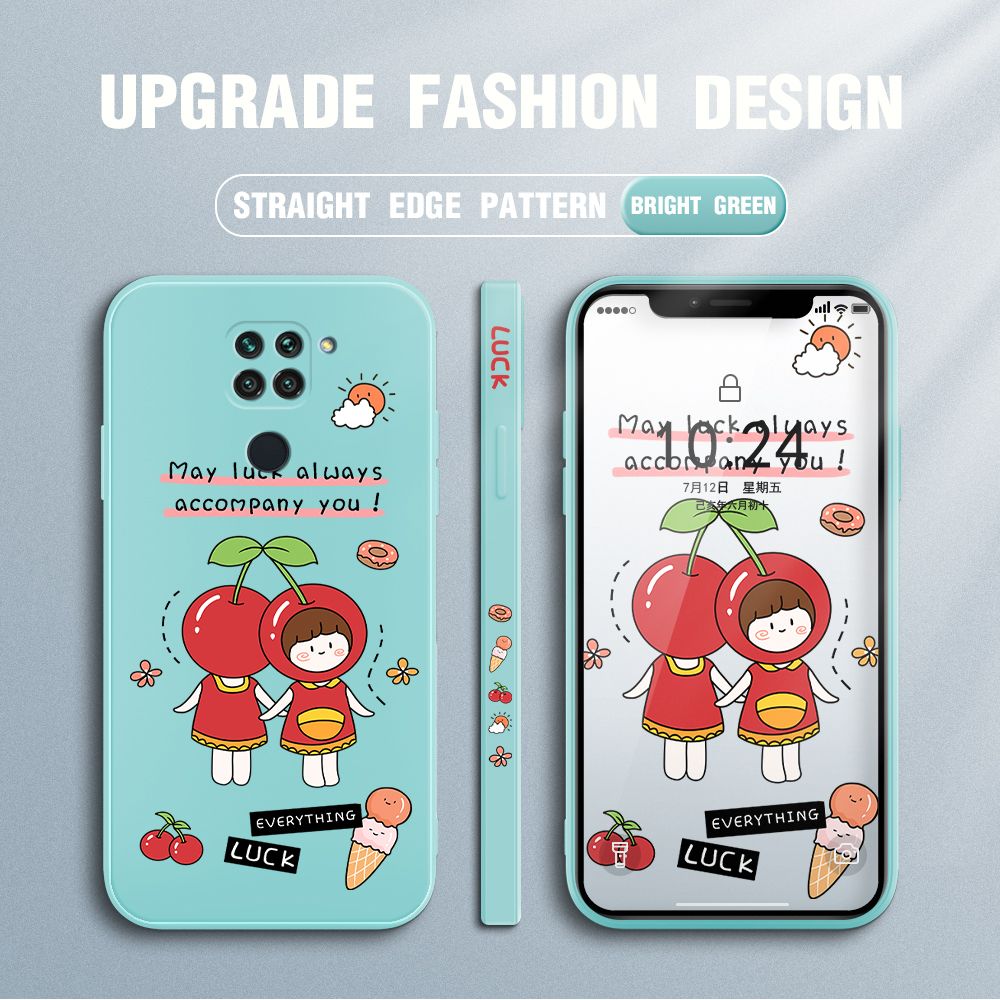 Jizetin for Xiaomi Redmi Note 9 Case Fashion Cherry Girl Design Side Design Phone Case Square Edge Pattern Liquid Silicone Cases Full Cover Camera Shockproof Protective Case