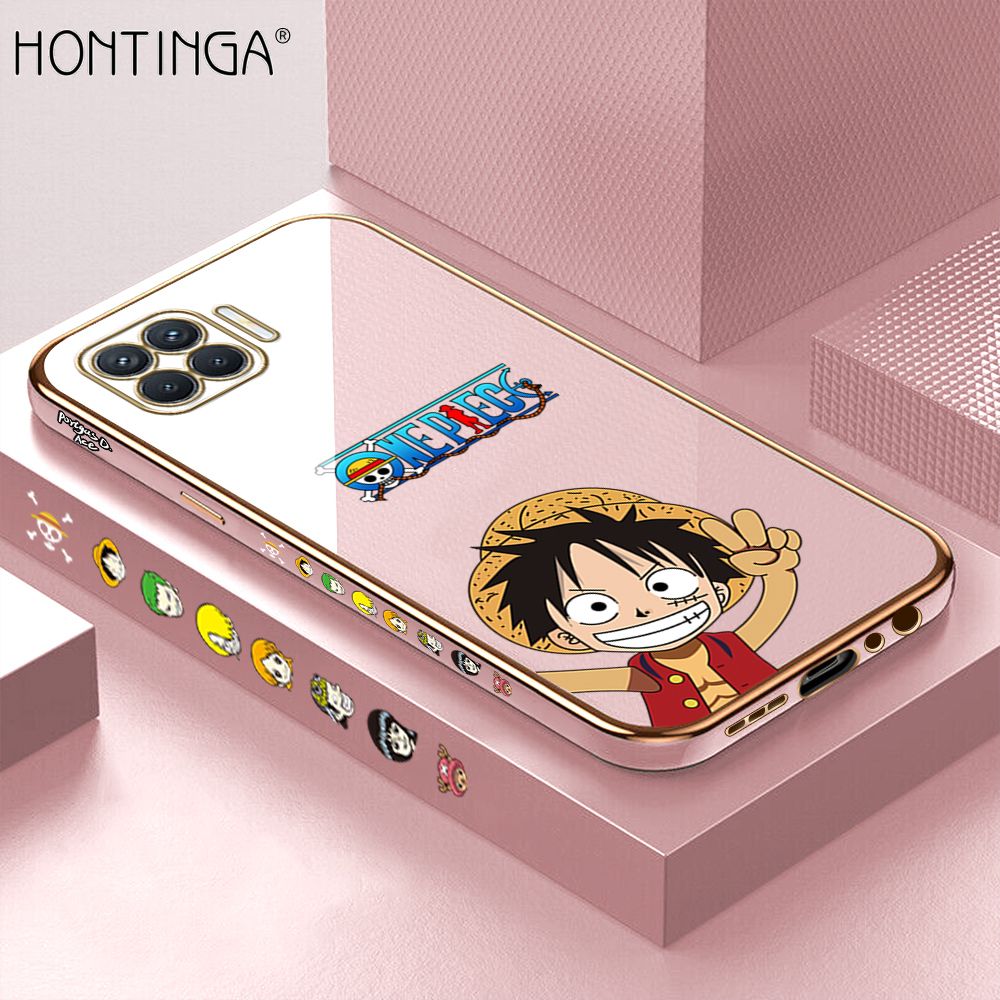 Hontinga for OPPO F17 Pro A93 2020 Back Cover + Free Lanyard Luxury 6D Plating Anime Cartoon Happy Luffy Side Pattern Case Soft Silicone Square Mobile Cover