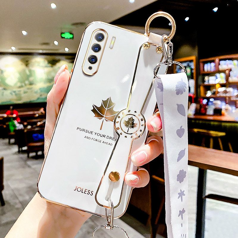 For OPPO F15 / OPPO Reno3 Back Cover with Lanyard + Wristband Fashion Shiny Maple Leaf Plating Bumper Stand Holder Case Camera Protection Soft Silicone Mobile Phone Cases
