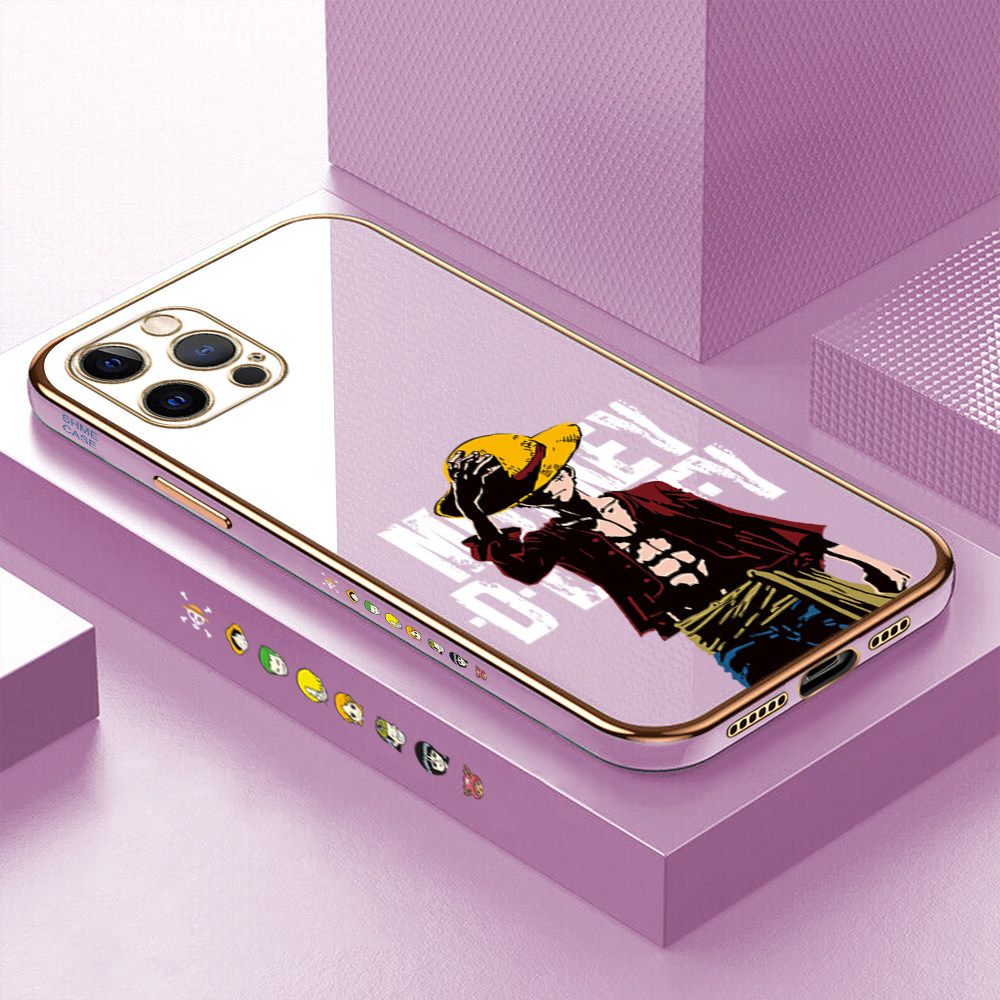 Luxury 6D Plating Case for iPhone 12 Pro Max Anime Cartoon Cool Luffy Side Pattern Back Cover Soft Silicone Square Frame Shiny Bling Phone Cases + Free Lanyard