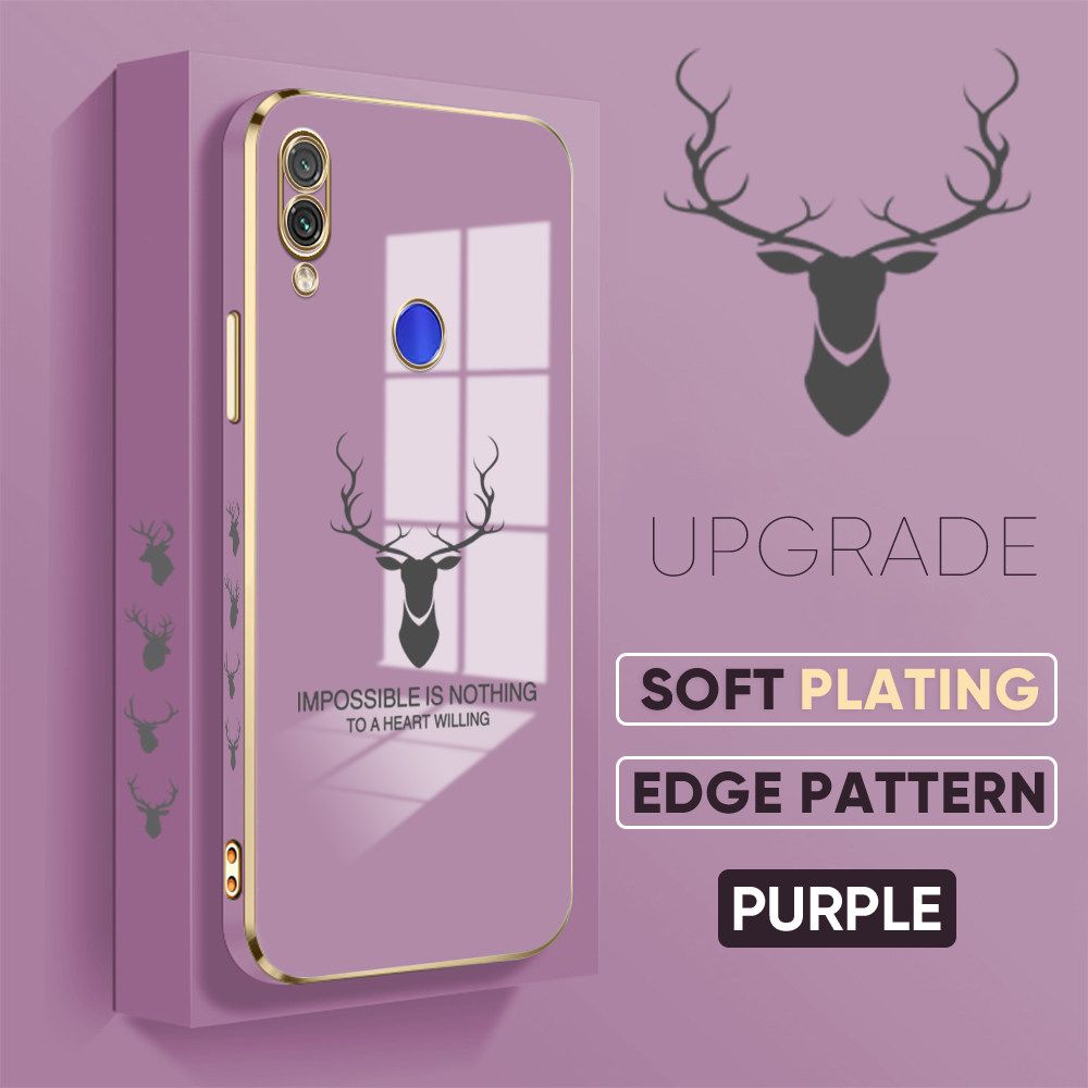 Jizetin (Free Lanyard) Redmi Note 7 / Note 7 Pro Back Cover Antlers Luxury 6D Plating Case Side Pattern Soft Silicone Square Phone Cases