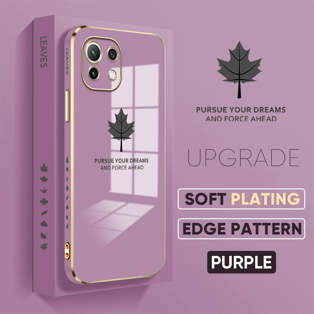 Jizetin (Free Lanyard) Xiaomi Mi 11 Back Cover Maple Leaf Luxury 6D Plating Case Side Pattern Soft Silicone Square Phone Cases