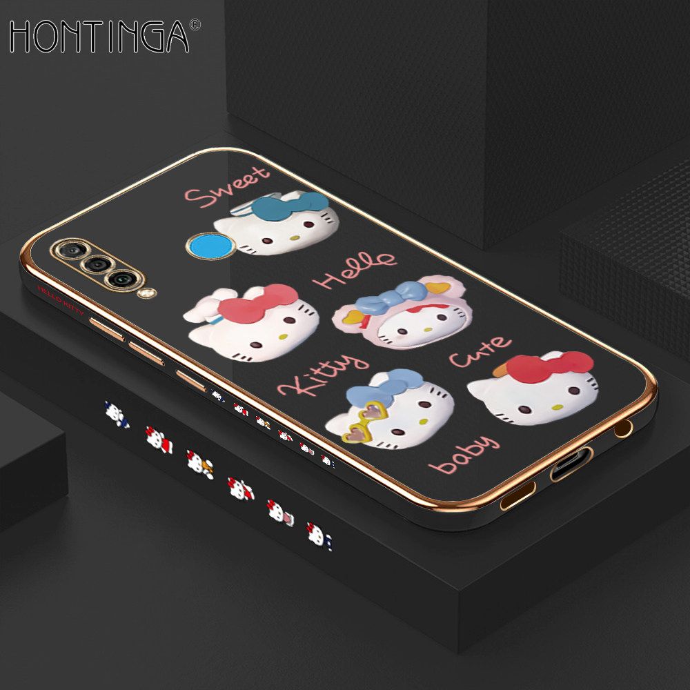 Hontinga for Huawei P30 Lite/Nova 4E Back Cover + Free Lanyard Luxury 6D Plating Cartoon Cute Kitty Side Pattern Case Soft Silicone Square Phone Cases