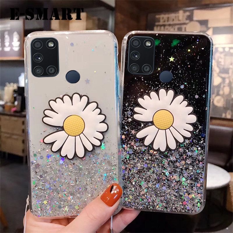 Phone Case Realme 7i Transparent Bling Glitter Cases Soft Clear Shining Sequin Back Cover with Daisy Flowers Folding Realme 7i Case