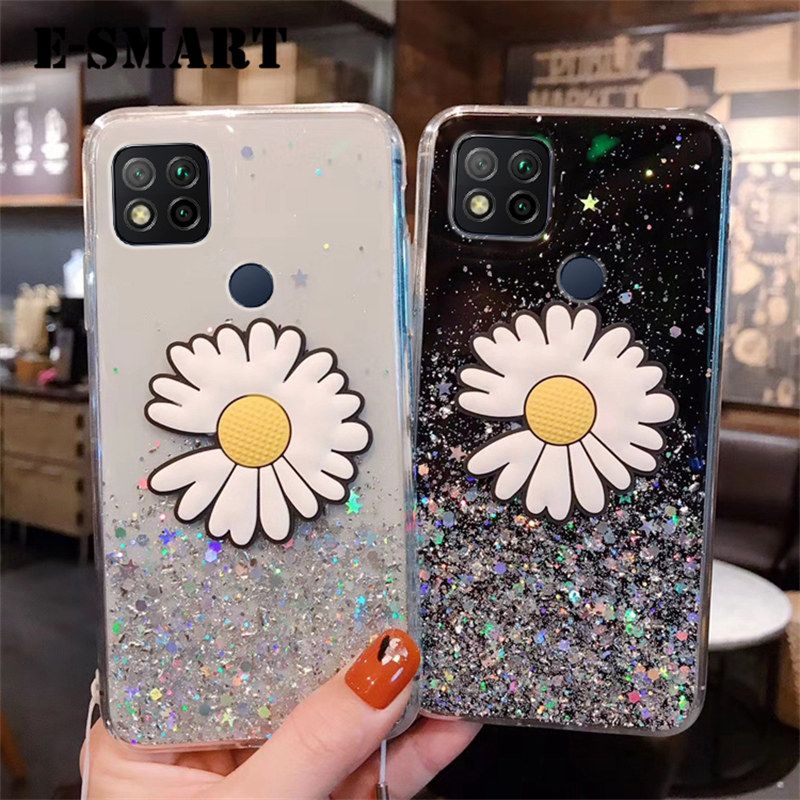 Phone Case Redmi 9C Transparent Bling Glitter Cases Soft Clear Shining Sequin Back Cover with Daisy Flowers Folding Xiaomi Redmi 9C Case
