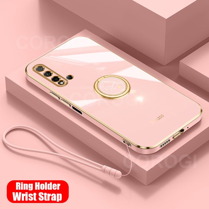 For Huawei Nova 5T Back Cover with Ring Holder Stand + Wrist Strap Shiny Plating Square Bumper Protective Case Soft Silicone Shockproof Mobile Phone Cases