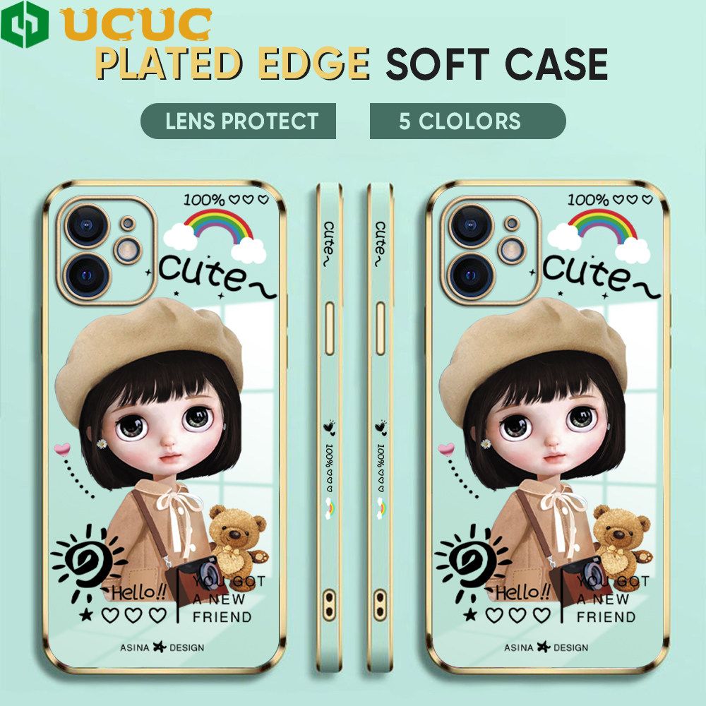 UCUC for iPhone 12 Mini Back Cover + Free Lanyard Sunshine Girl Luxury 6D Plating Case Side Pattern Soft Silicone Square Phone Cases