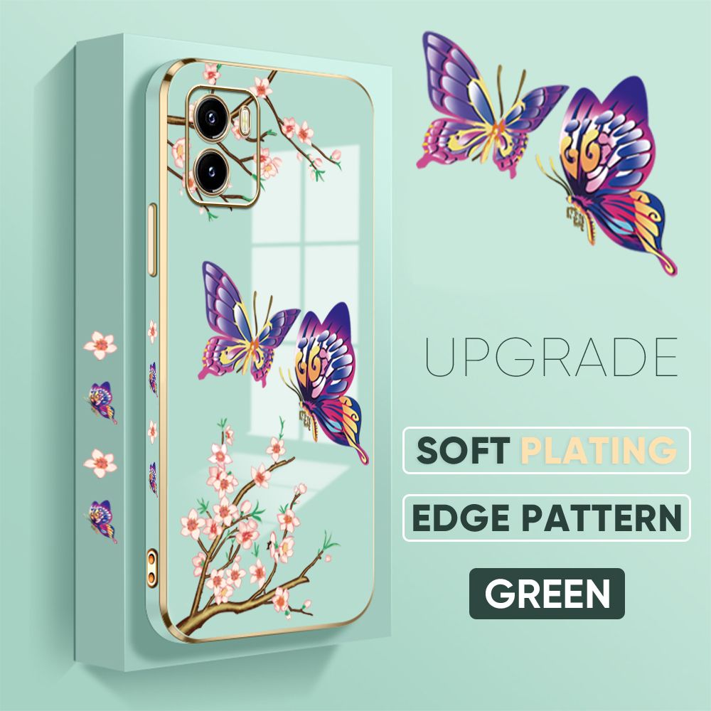 Jizetin (Free Lanyard) Vivo Y15S Y15A Back Cover Peach Blossom and Butterfly Luxury 6D Plating Case Side Pattern Soft Silicone Square Mobile Phone Cases
