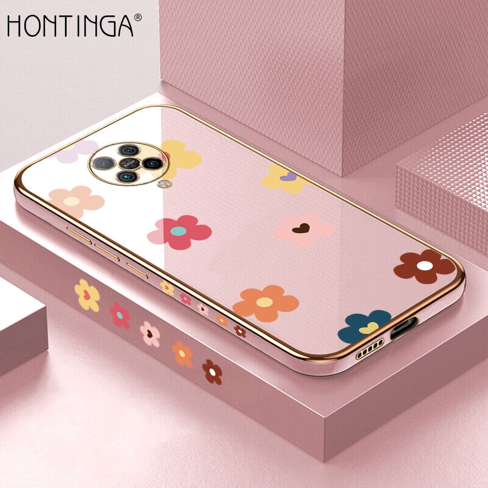 Hontinga for Redmi K30 Pro / K30 Pro Zoom / Xiaomi Poco F2 Pro Case Luxury 6D Plating Soft Casing Silicone Square Frame Phone Cases Shiny Bling Cute Side Print Small flowers Back Cover