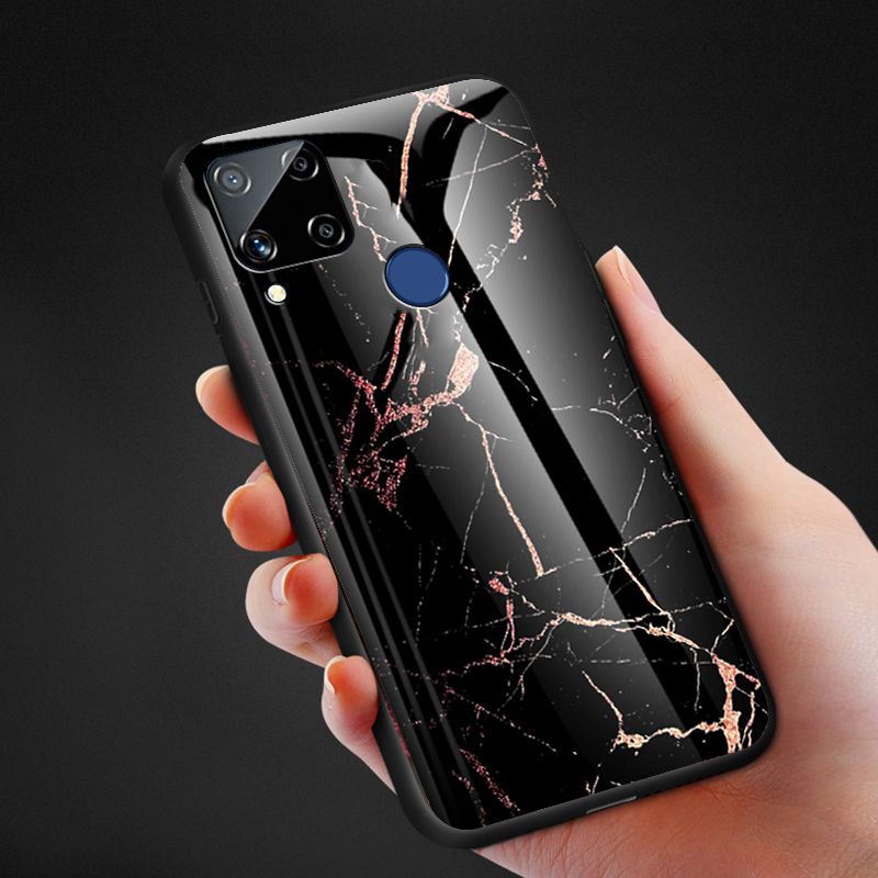 Biruiqu For Realme C15 Shockproof Fashion Marble Tempered Glass Back Case Cover