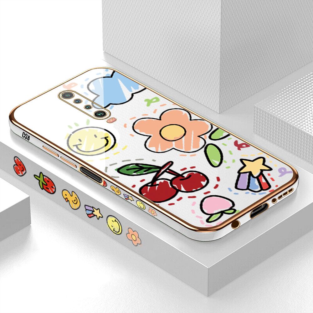 Luxury 6D Plating Case for Redmi K30 Color Cartoon cherry Peach Side Pattern Back Cover Soft Silicone Square Frame Shiny Bling Phone Cases + Free Lanyard