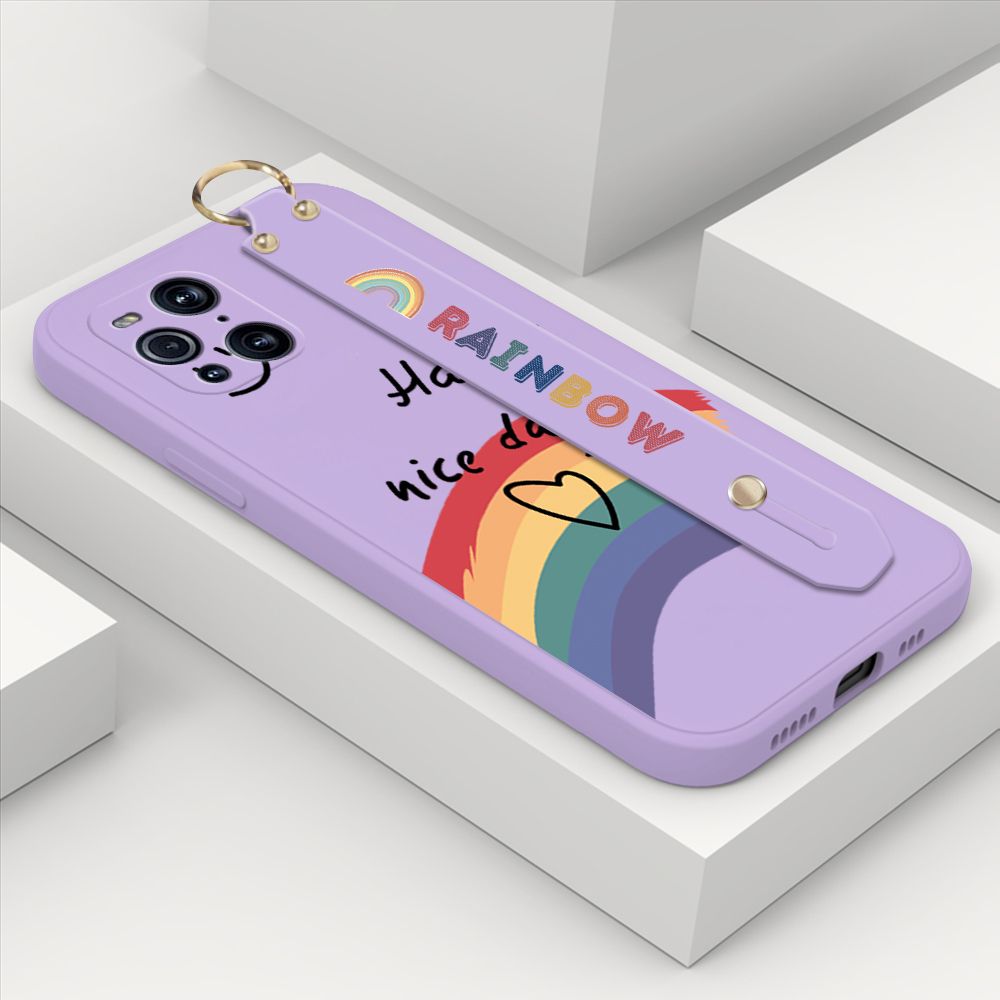 ZeroQiQi for OPPO Find X3 Wrist Strap Case Lovely Graffiti Rainbow Smile Thin Phone Cover Square Edge Liquid Silicone Creativity Phone Case