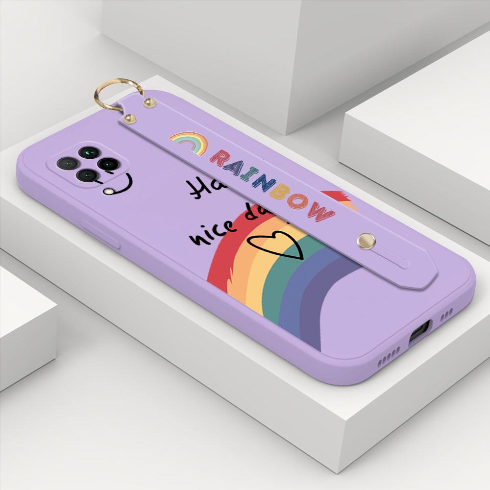 ZeroQiQi for Huawei Nova 7i Wrist Strap Case Lovely Graffiti Rainbow Smile Thin Phone Cover Square Edge Liquid Silicone Creativity Phone Case