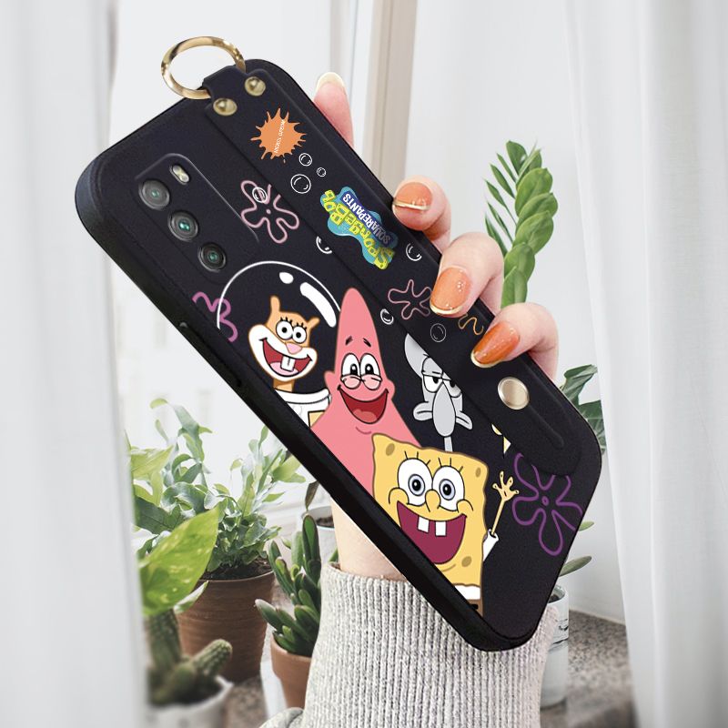 ZeroQiQi for Xiaomi Poco M3 Wrist Strap Case Cute Cute Funny Cartoon Sponge for Square Pants Cover Square Edge Liquid Silicone Anti-drop Phone Case