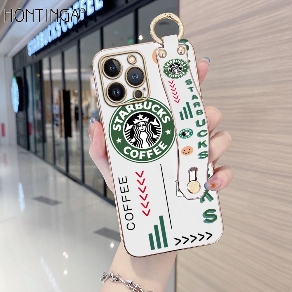 Hontinga for iPhone 12 Pro Back Cover With Wristband Luxury 6D Plating Coffee Sign Case Soft Silicone Square Phone Cases