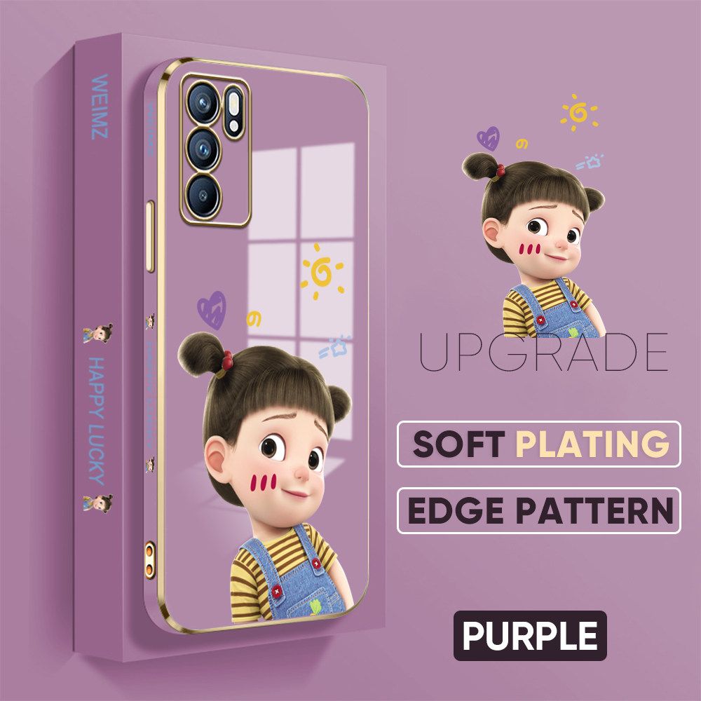 TA for OPPO Reno6 5G Back Cover + Free Lanyard Naughty Girl Luxury 6D Plating Case Side Pattern Soft Silicone Square Phone Cases