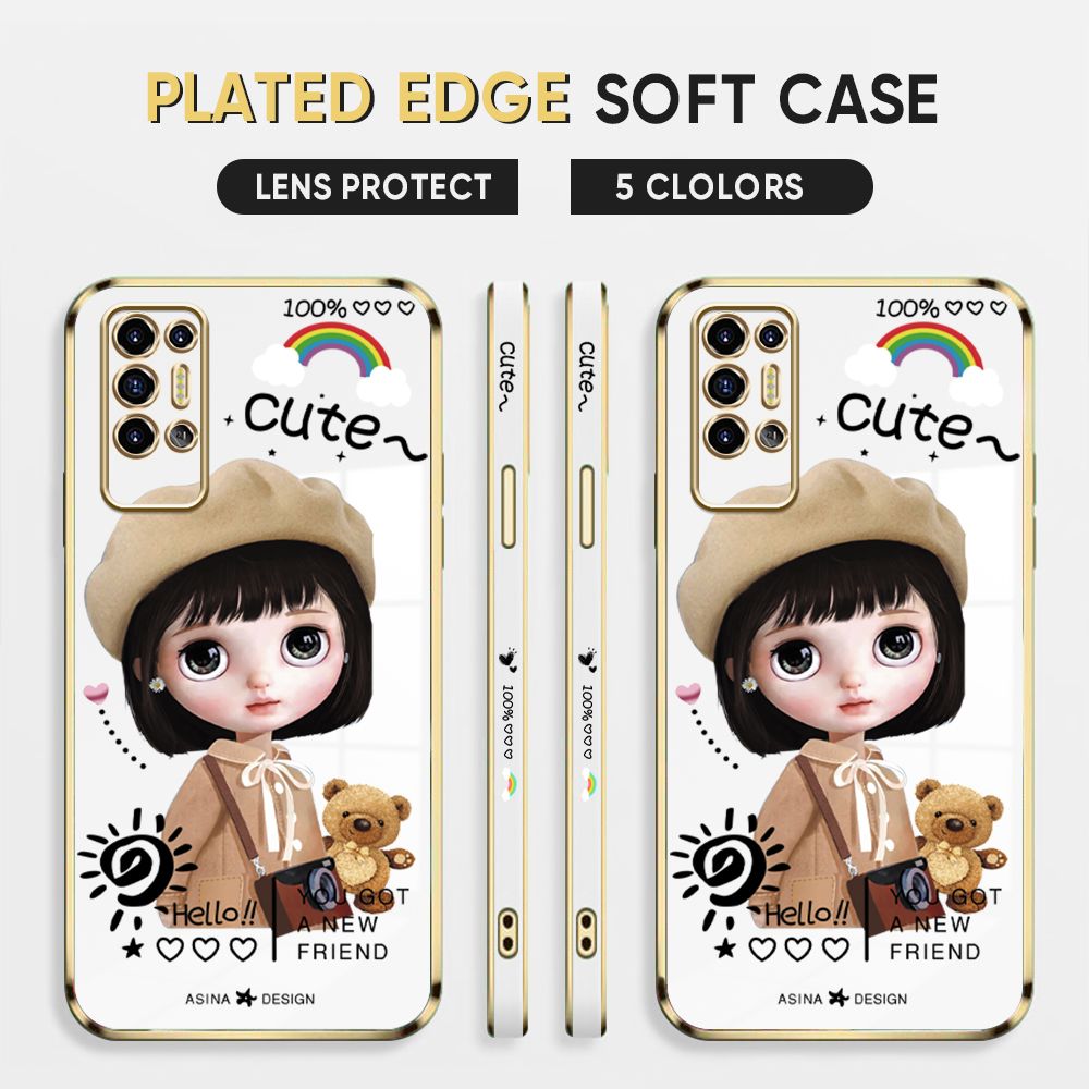 Luxury 6D Plating Case for Tecno Pova 2 Back Cover Cute Satchel Girl Side Pattern Soft Silicone Square Phone Cases