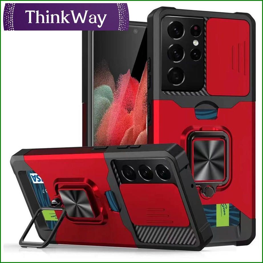 Drop-Proof Hybrid Phone Case Camera Slider Cover Shell with Card Holder For Samsung S21 & Samsung S21+/S21 plus