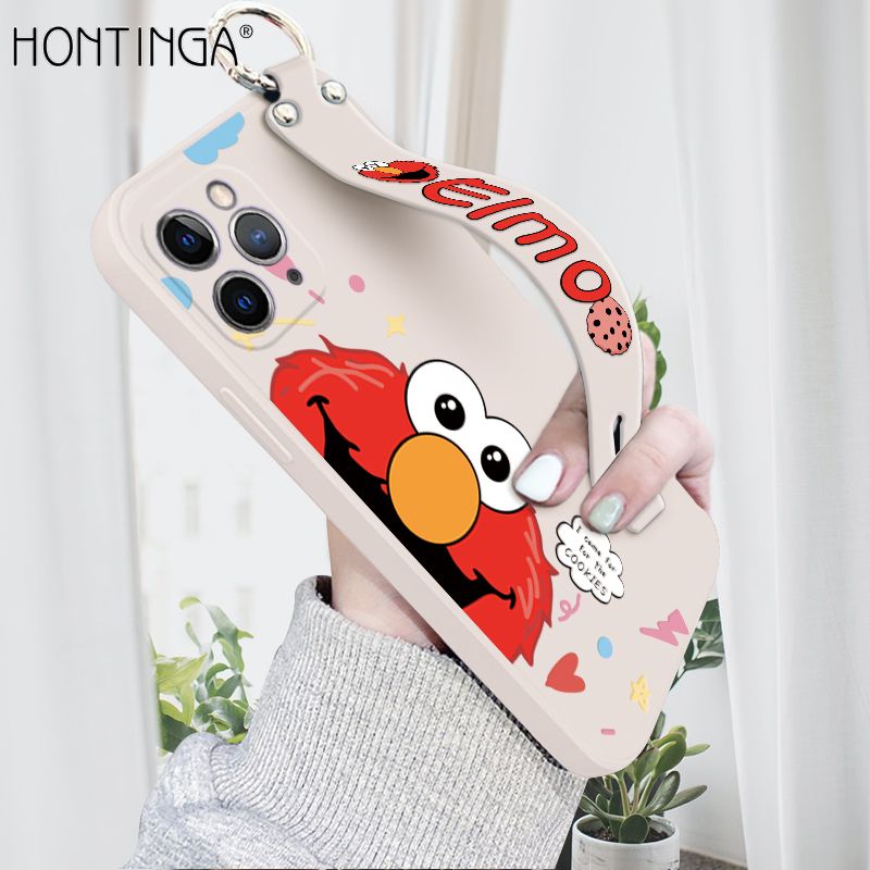 Hontinga for iPhone 11 Pro Wrist Strap Case Cute Cute Cartoon Little Monster Phone Cover Square Edge Liquid Silicone Case Full Cover Camera Shockproof Protective Cases
