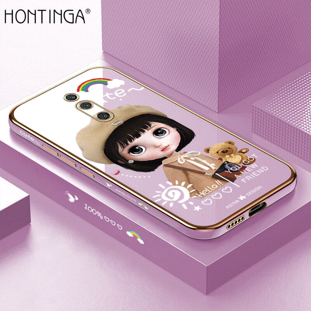 Hontinga for Redmi K20 / K20 Pro / Xiaomi Mi 9T / 9T Pro Back Cover + Free Lanyard Luxury 6D Plating Cute Satchel Girl Side Pattern Case Soft Silicone Square Mobile Cover