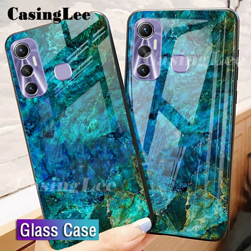 Casinglee For Infinix Hot 11 Case Fashion Marble Tempered Glass Protector Soft Silicon Back cover for Infinix Hot11 Hot 11 Phone cases For girls and Boys