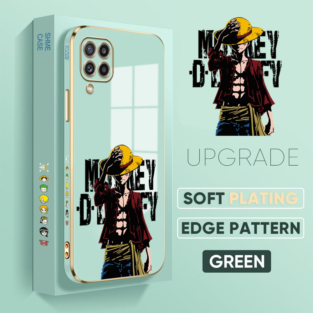 Jizetin (Free Lanyard) Samsung Galaxy M32 Back Cover Holding Cap Luffy Luxury 6D Plating Case Side Pattern Soft Silicone Square Mobile Phone Cases