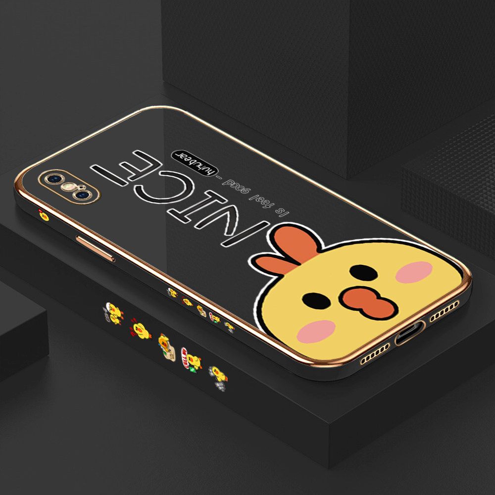 Luxury 6D Plating Case for iPhone XS Cute Cartoon Chicken Side Pattern Back Cover Soft Silicone Square Frame Shiny Bling Phone Cases + Free Lanyard