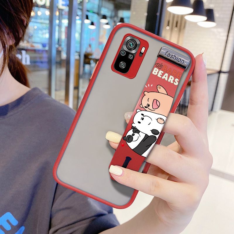 UCUC for Xiaomi Redmi Note 10S Wrist Strap Case Cute Cartoon Three Little Bears Wristband Printing Cover Shockproof Frosted Phone Case