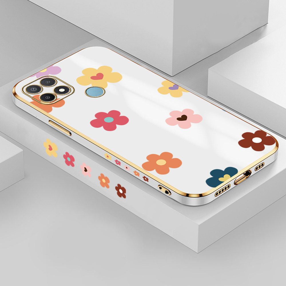 Jizetin (Free Lanyard) OPPO A15S / A15 Case INS Style Flower Luxury 6D Plating Soft Casing Silicone Ultra Thin Phone Cover
