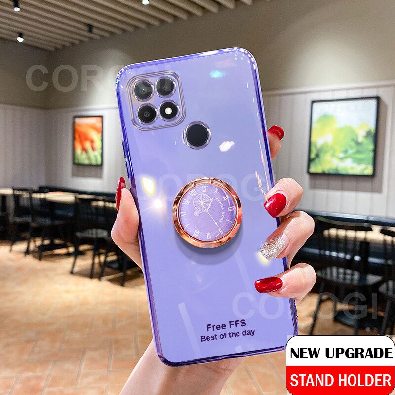 For Realme Narzo 20 Cover + Ring Holder Ultra Thin Shiny Plating Bumper Stand Phone Case Soft TPU Silicone Shockproof Protective Back Cover