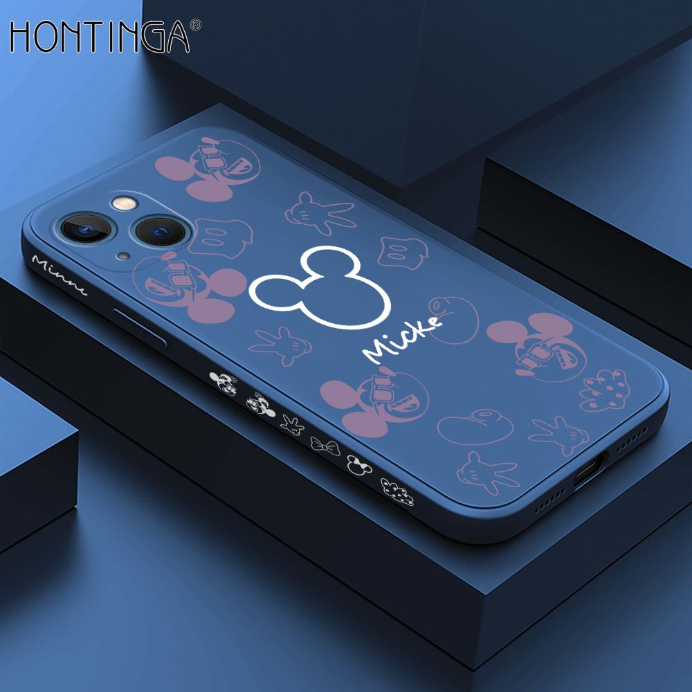 Hontinga for iPhone 13 Case Side Design Cute Mouse Avatar Back Cover Soft Square Edge Pattern Liquid Silicone Trend Phone Cases