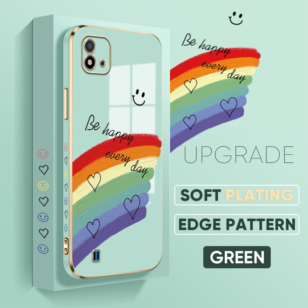 TA for Realme C11 2021 / Realme C20 / Realme C20A Back Cover + Free Lanyard Rainbow Doodle Luxury 6D Plating Case Side Pattern Soft Silicone Square Phone Cases