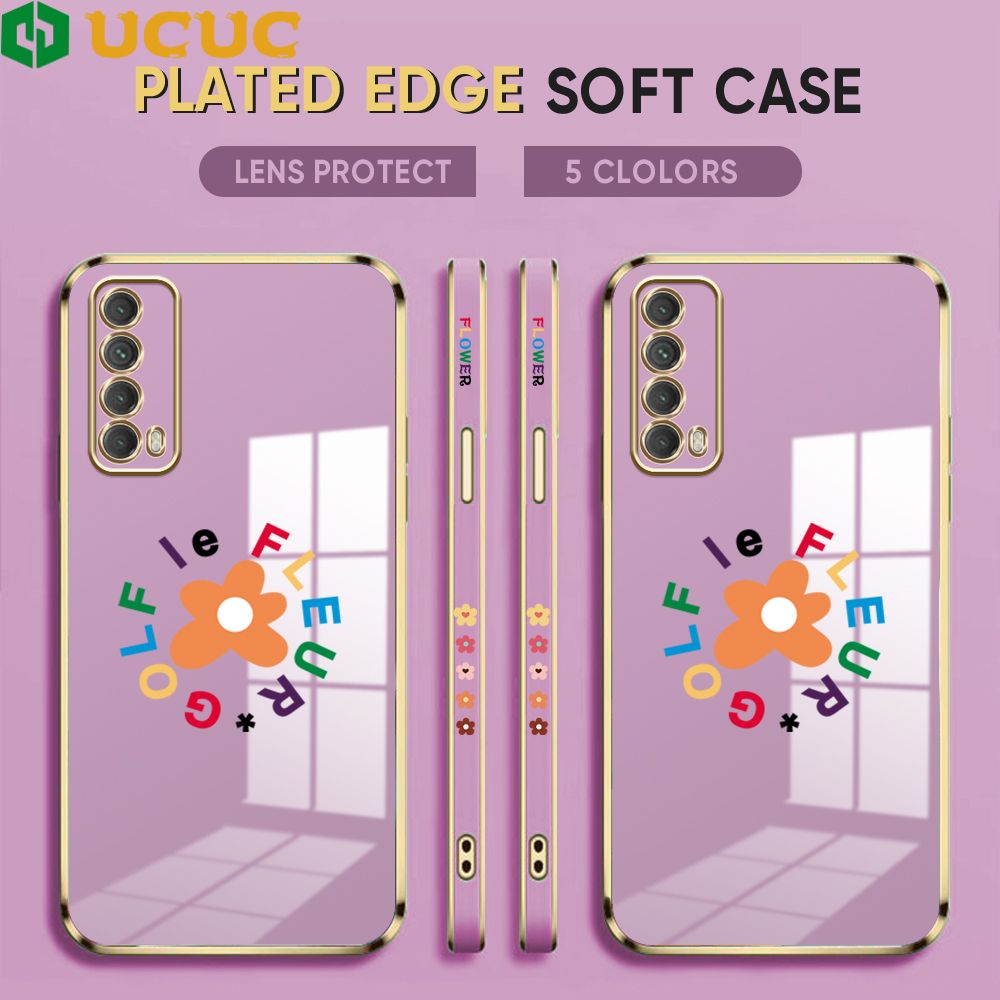 UCUC for Huawei Y7A Back Cover + Free Lanyard Colorful Flower Luxury 6D Plating Case Side Pattern Soft Silicone Square Phone Cases