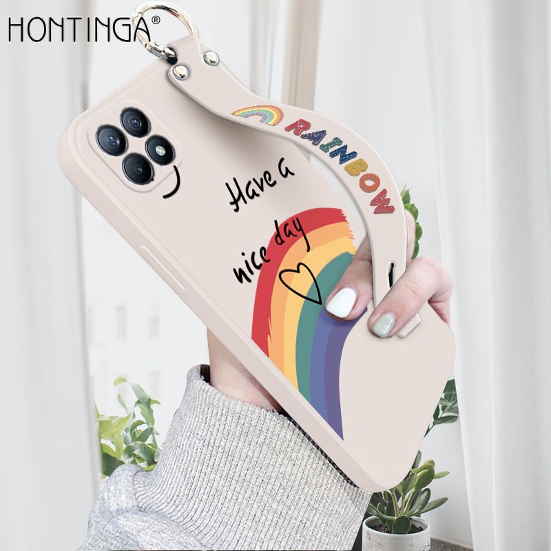 Hontinga for OPPO Reno4 SE 5G Wrist Strap Case Lovely Graffiti Rainbow Smile Thin Phone Cover Square Edge Liquid Silicone Creativity Phone Case