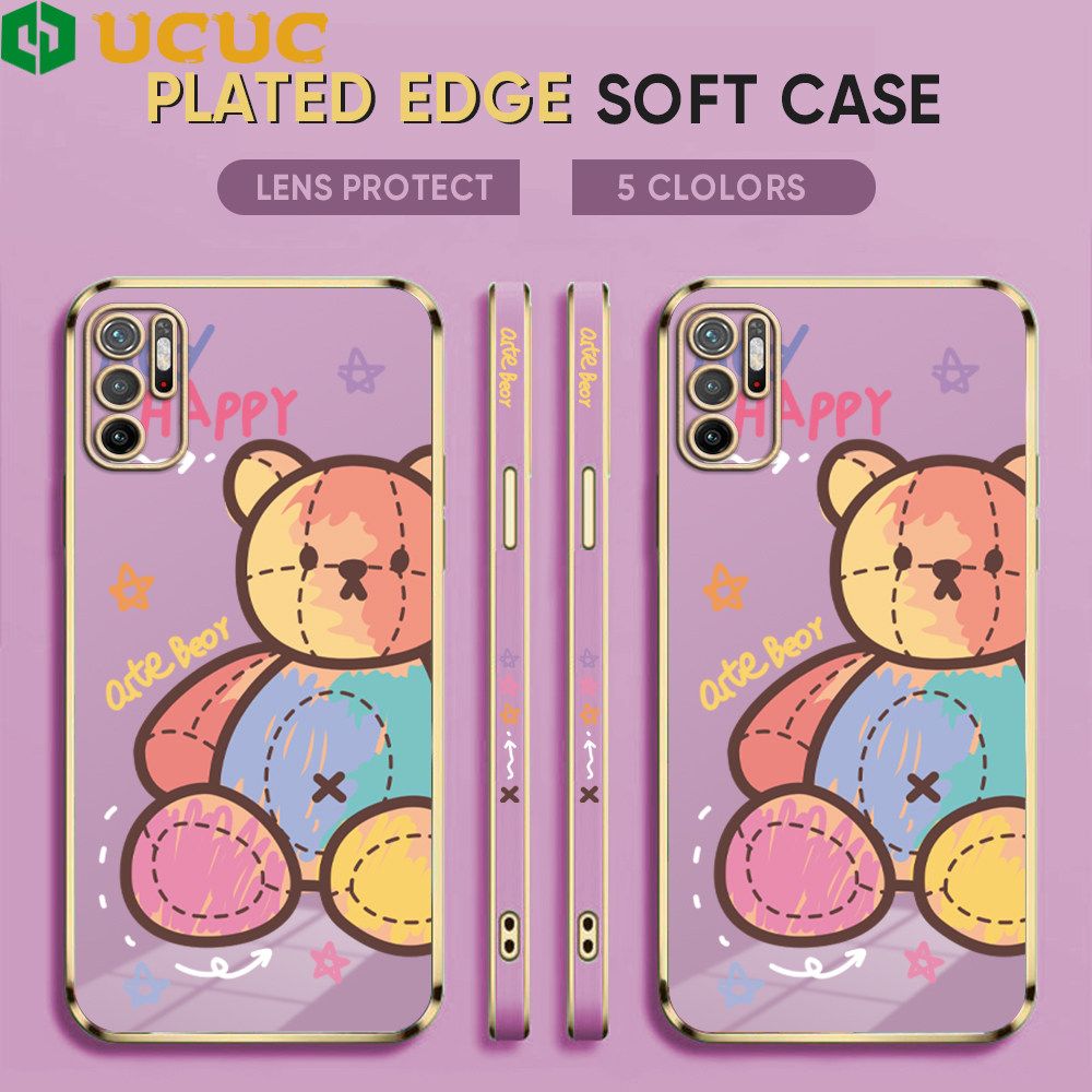 UCUC for Xiaomi Poco M3 Pro 5G / 4G / Redmi Note 10 5G Back Cover + Free Lanyard Colorful Muppet Bear Luxury 6D Plating Case Side Pattern Soft Silicone Square Phone Cases