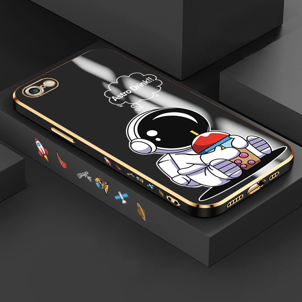 Jizetin (Free Lanyard) iPhone 6S / iPhone 6 Case Cute Cartoon Drink Astronaut Luxury 6D Plating Soft Casing Silicone Ultra Thin Phone Cover