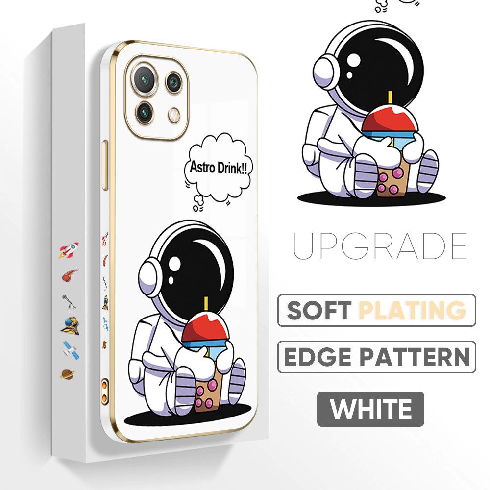 TA for Xiaomi Mi 11 Lite 5G / Mi 11 Lite / 11 Lite 5G NE Back Cover + Free Lanyard Cute Astronaut Luxury 6D Plating Case Side Pattern Soft Silicone Square Phone Cases