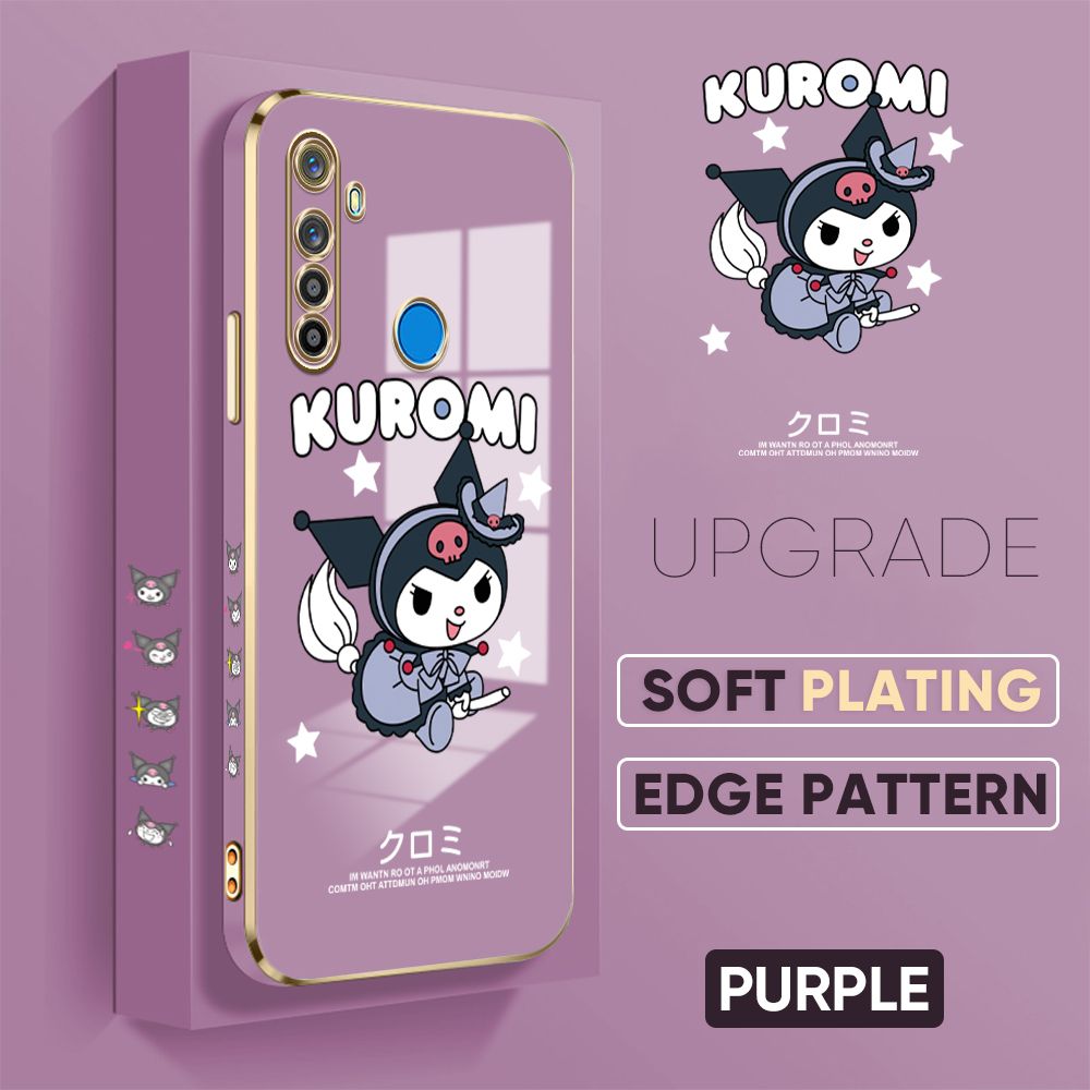 TA for Realme 5 5i 5s 6i Back Cover + Free Lanyard Cute Kuromi Luxury 6D Plating Case Side Pattern Soft Silicone Square Phone Cases