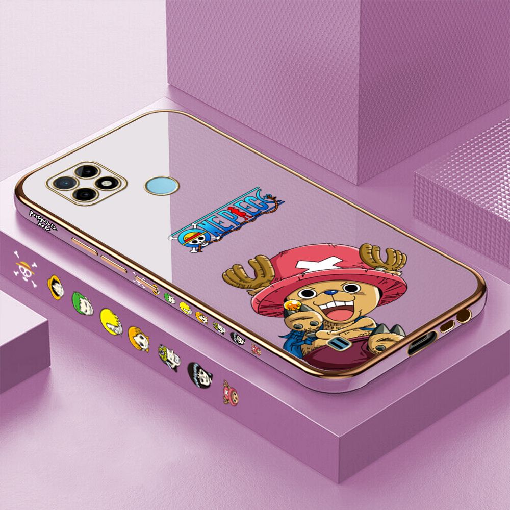 Luxury 6D Plating Case for Realme C21Y Cute Choba Side Pattern Back Cover Soft Silicone Square Phone Cases + Free Lanyard